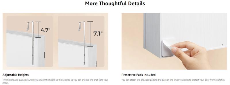 SONGMICS 6 LEDs Mirror Jewelry Cabinet, 47.2-Inch Tall Lockable Wall or Door Mounted Jewelry Armoire Organizer with Mirror, 2 Drawers, Christmas Gift