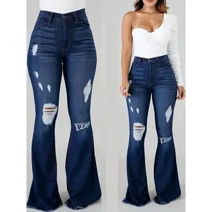2025 Women's High-Waist Ripped Flare Jeans - Stretch Denim Bell Bottoms with Distressed Detailing, Comfortable & Sexy All-Season Wear (Plus Size), Allseason Jeans |     Flared Bottom Jeans |     Durable Fabric Jeans HOT