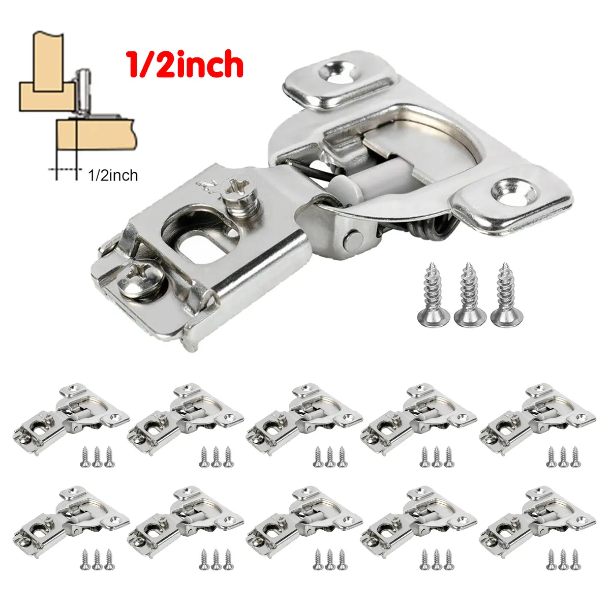 10-Pack 1/2" Overlay Soft Close Face Frame Kitchen Cabinet Hinges - Brushed Nickel Adjustable Silent Hardware with 3-Way Adjustment for Wooden Furniture, Lounge Room Smooth Operation & Durable Performance, 1/2 Inch