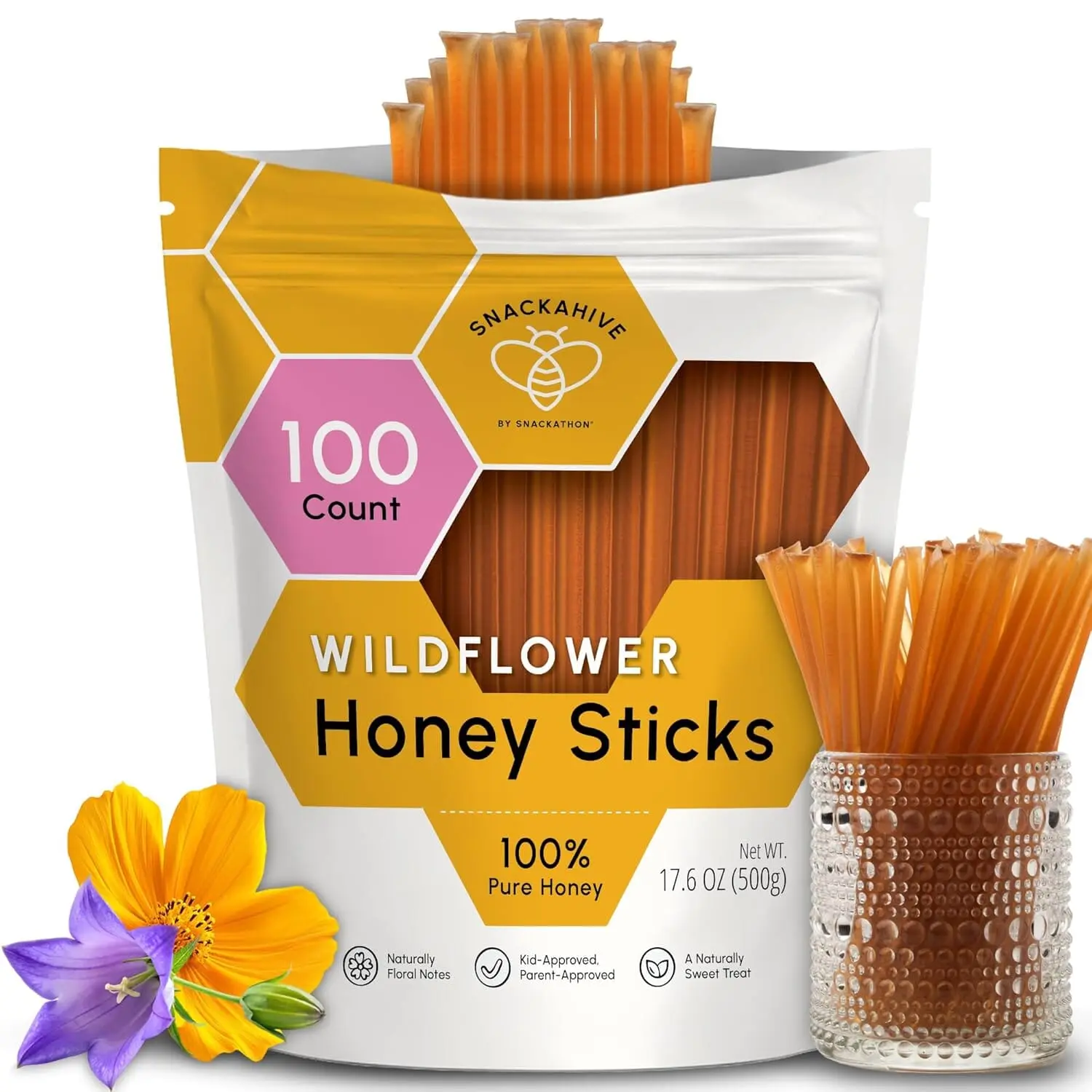 Snackathon Honey Sticks, Wildflower Blossom Pure Honey Bulk, Made in USA