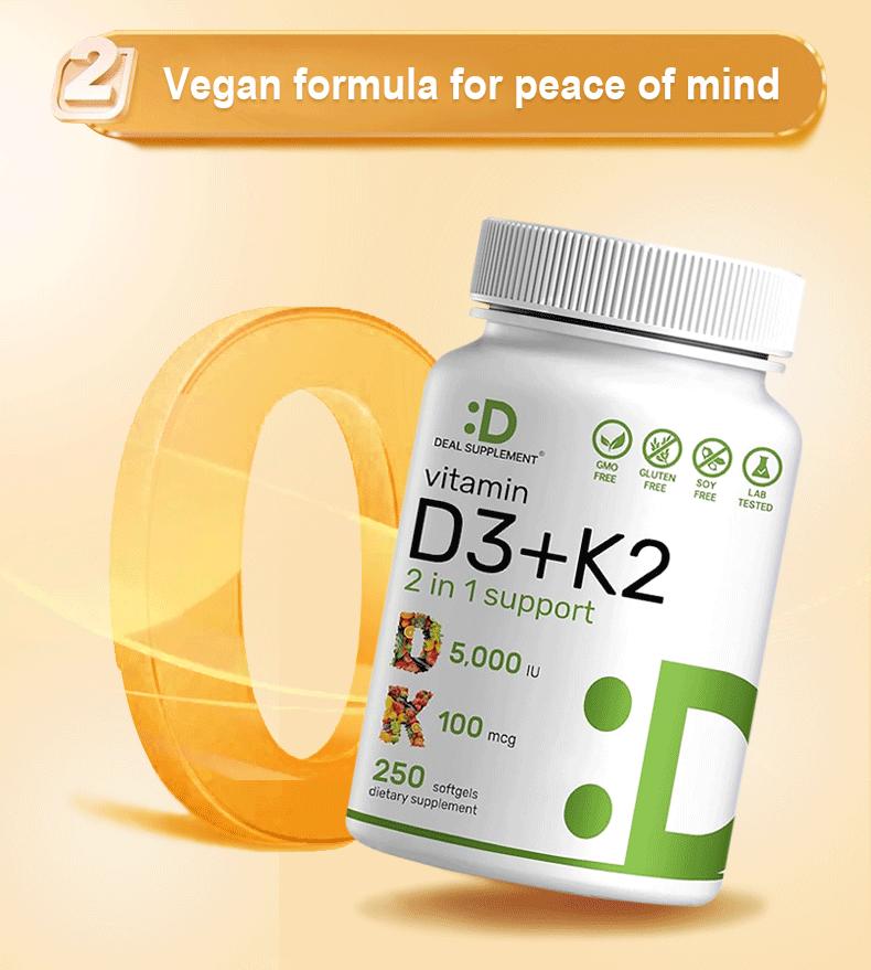 Deal Supplement Vitamin D3 & K2 250 Veggie Softgels 5000 IU D3 & 100 mcg K2 for Bone Immune Health & Calcium Absorption Gluten-Free Dairy-Free - Nutrient Rich Complex