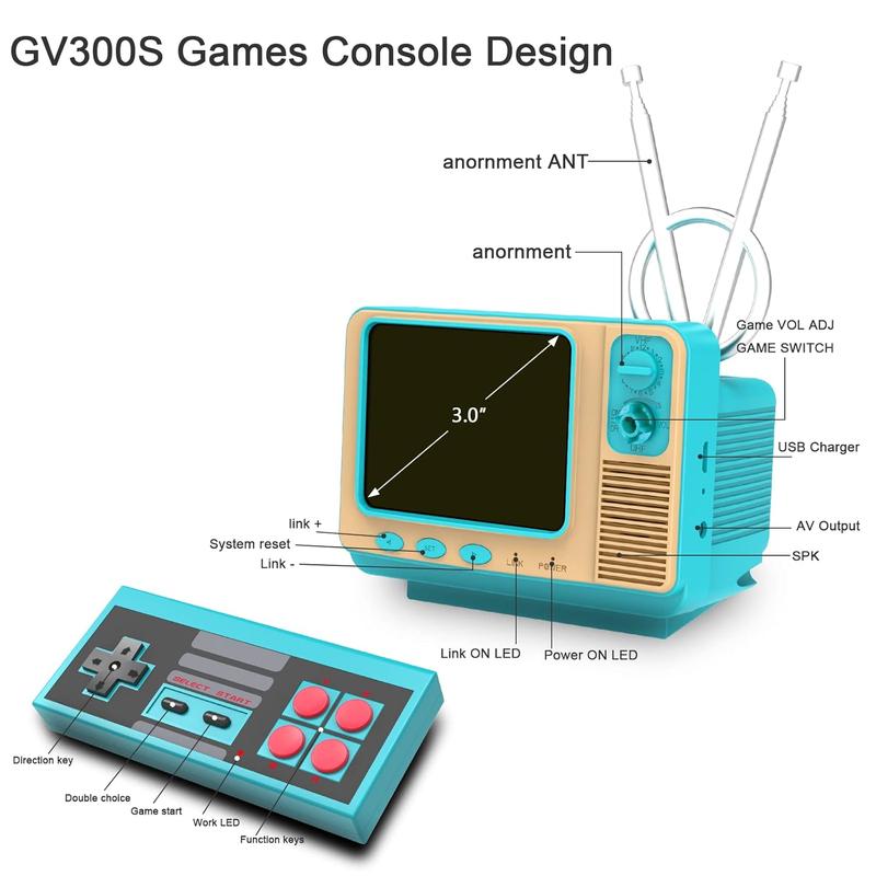GV300S Retro Games Console with 308 Classic FC Games 3.0" TFT Screen Handheld Controller TV Support Rechargeable Battery Ideal Gift for Kids Adults built-in classic game