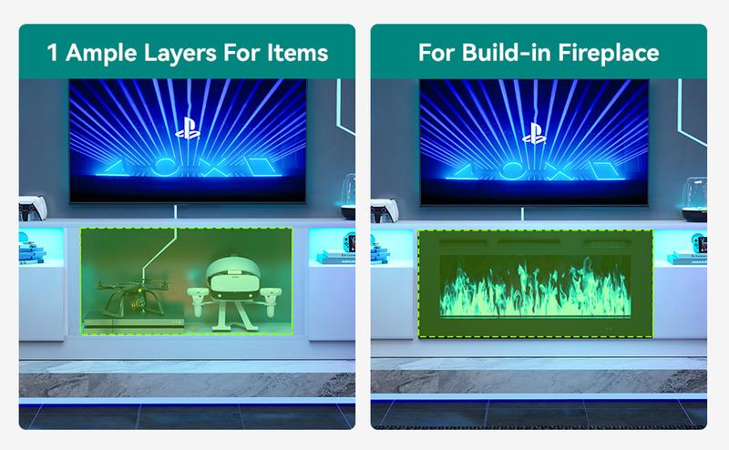 【2 Packages Shipping】oneinmil 70" TV Stand with 36" Electric Fireplace Modern Media Entertainment Center White Black Storage Cabinet 12 LED Colors for TVs Up to 80"