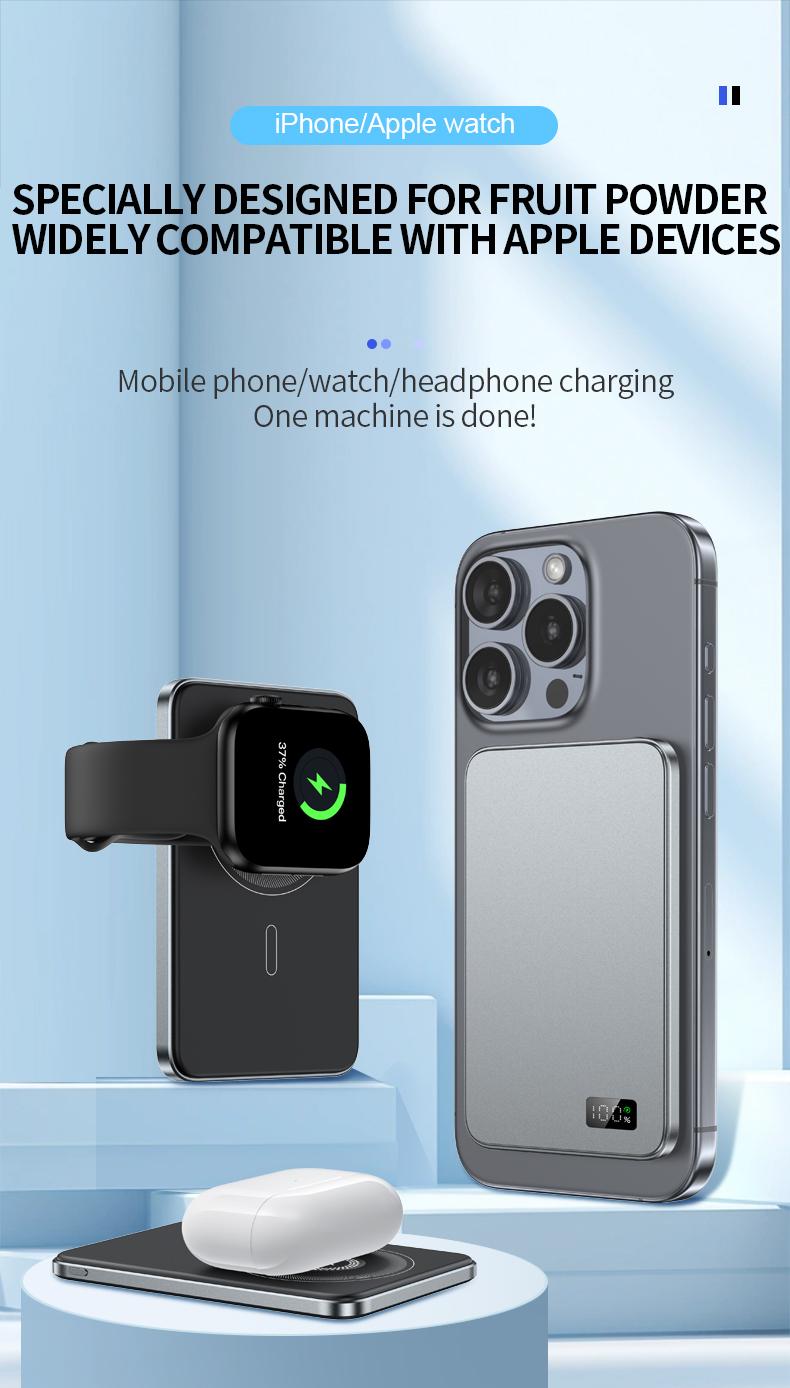 WESECUU 3-in-1 Magnetic Wireless Power Bank 5000mAh Ultra-Thin MagSafe 15W Wireless & PD 20W Fast Charging for Phone Watch Earbuds Compact Cable Metallic Protection