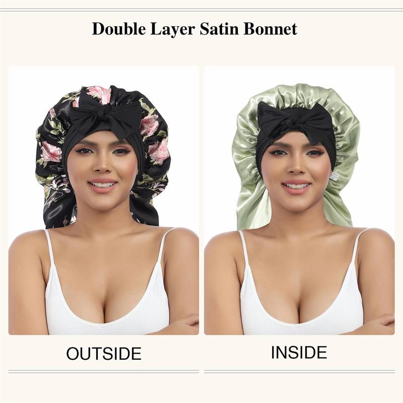 Double Layer Satin Bonnet for Sleeping - Silk Like Texture, Elastic Tie Band, Curly Hair Nightcap, Smooth Haircare, Reusable, 100% Polyester, 55cm Cap Circumference, 94cm Length, 35cm Width, 61cm Rope Length, 6.5cm Rope Width