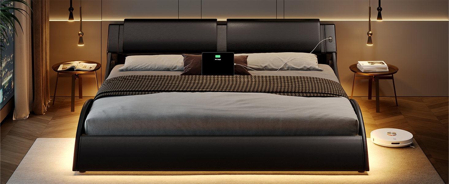 Sikaic Wave Like Curve LED Lighting Platform Bedframe with Charging Ports and Headboard Black Unique Bedroom Furniture Upholstered Modern Cama App Control Remote Control
