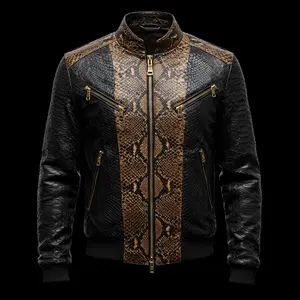 Black & Brown Python-Print Leather Bomber Jacket