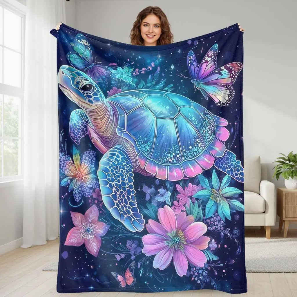 Sea Turtle Flannel Throw - Colorful Floral Butterfly Print, Vibrant Ocean Glow Design, Soft Cozy Lightweight, Floral Print Blanket for Home Decor, Beach Nights Use, Machine Washable Gift