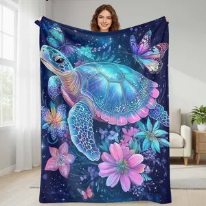 Sea Turtle Flannel Blanket  Colorful Floral Butterfly Pattern with Vibrant Ocean Glow Design  Soft Cozy Lightweight Throw for Bedroom Living Room Sofa Travel Beach Picnic Camping Gift Decor