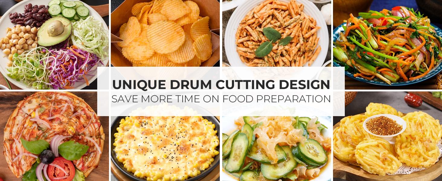 SUSTEAS Yellow Rotary Cheese Grater - Food Chopper with 5 Well-Designed Blades and Powerful Suction Cup Base, Comes with 1 Blade Storage Box Kitchen Utensils Vegetable Cutting Slicer