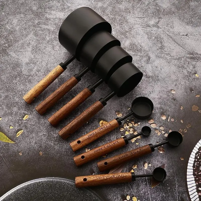8-Piece Accurate Rust-Resistant Stainless Steel Kitchenware Measuring Cup & Spoon Set - Engraved Marks, Metric Scales, American Scales, 0-500ml, 1/4–1 Cup Sizes, 1/2 Teaspoon Size, Natural Wood Inlay Anti-Slip Grips, Essential Home Cooking Utensils