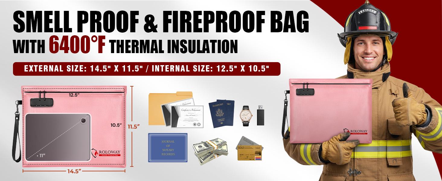 ROLOWAY Fireproof Document Bag (14.5 x 11.5 inch), 6400℉ Fireproof Money Bag with Zipper for Cash, Fire Safe Money Pouch with Lock