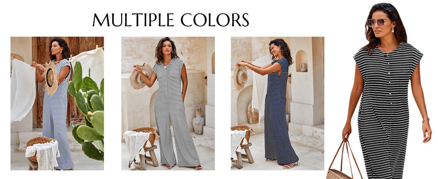 Imily Bela Womens Casual Striped Jumpsuits Summer Cap Sleeve Wide Leg Jumper Romper Button Down Travel Beach Outfits