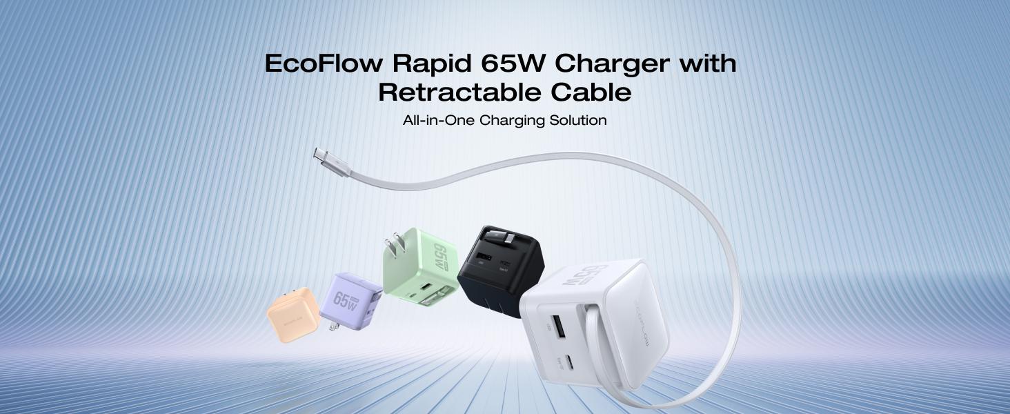 EF ECOFLOW 65W USB C Charger with Retractable Cable, 3-in-1 Phone Charger with Type C Cable, 2-Port Fast Charger Compatible with iPhone 16 Pro Max, iPad Pro/Air, Galaxy S25, Steam Deck (White) Electronic Cellphone iphone charger