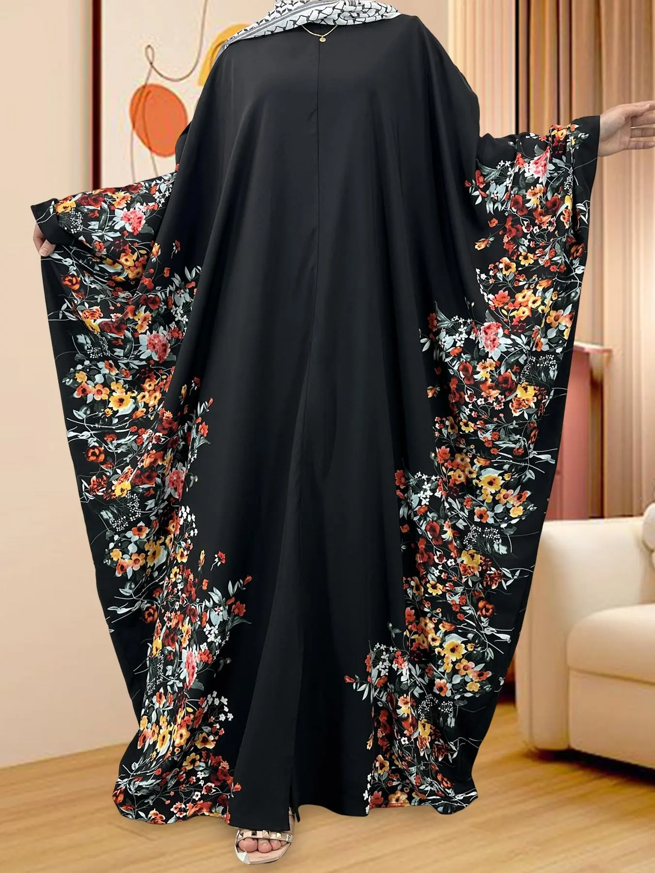Women's Floral Print Batwing Sleeve Lounge Dress, Night Dress, Modest Casual Long Sleeve V Neck Dress for Daily Wear, Ladies Sleepwear for All Seasons, Womenswear, Casual Nightwear