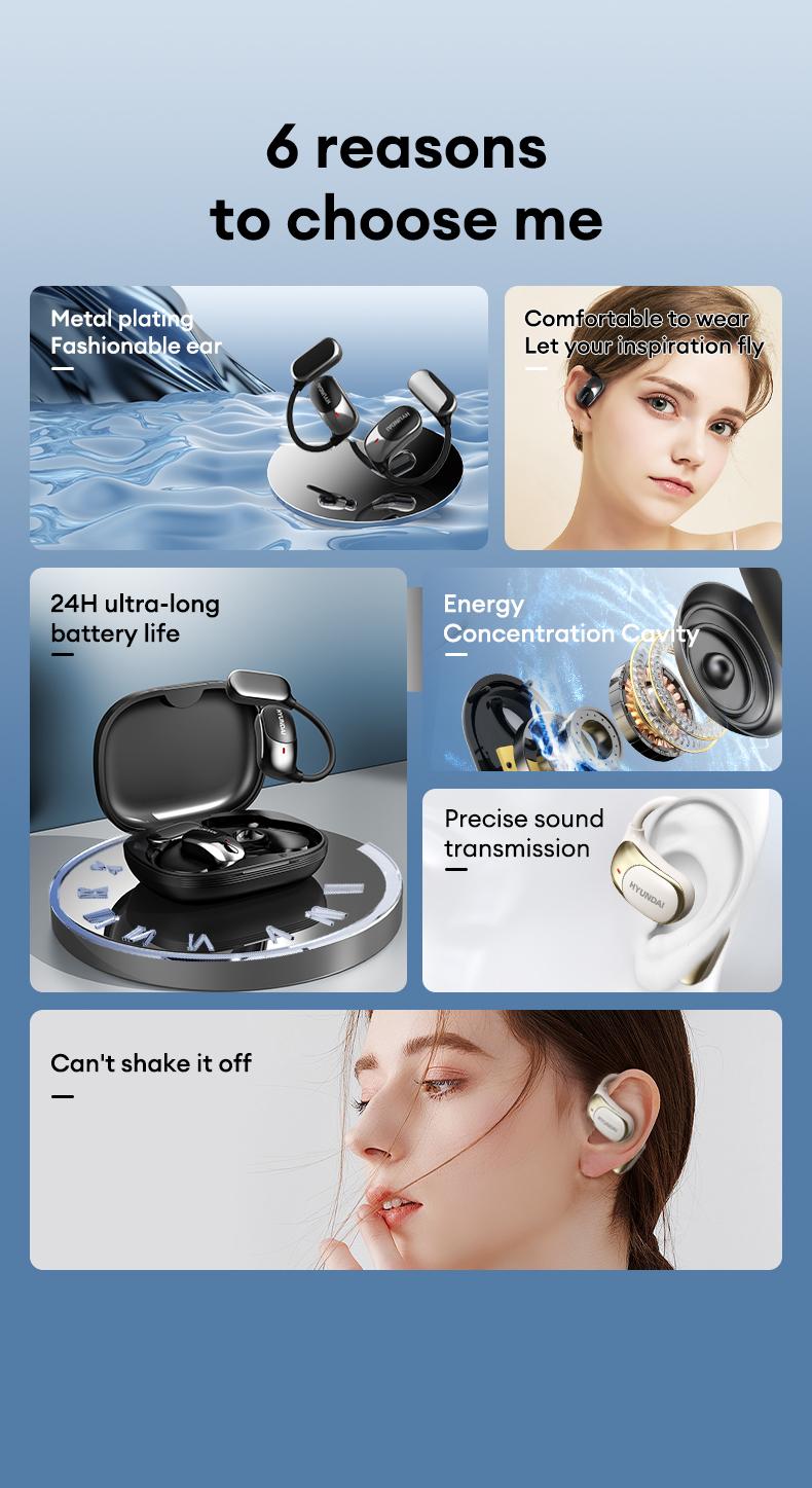 HYUNDAI Fit2 with Built-in 169-Language Translation Wireless Headphones with Electroplated Ear Hook Design – Comfortable, Great Sound, Bluetooth 5.4 Flash Connection, Wireless Earbuds for Music and Calls