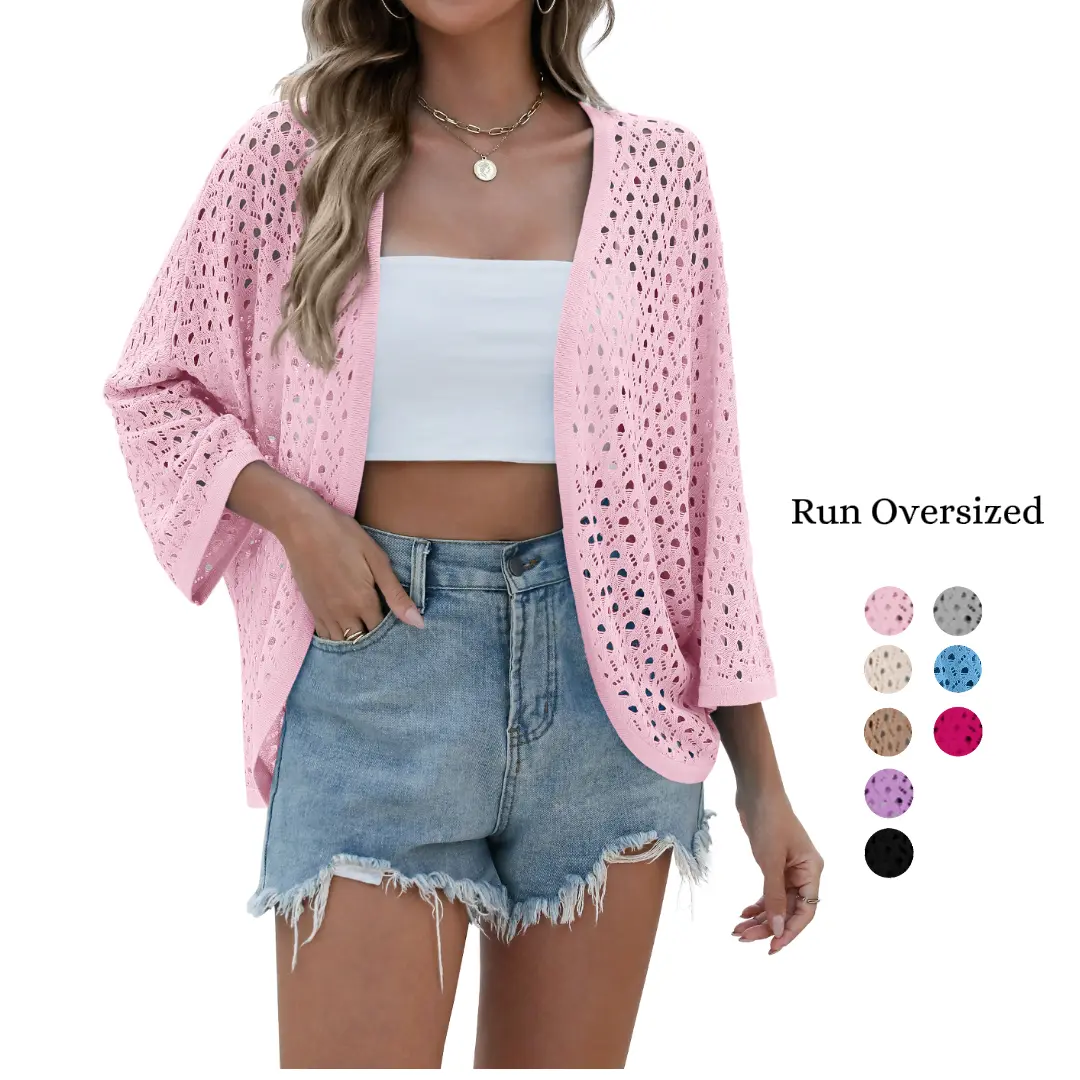 Women's Crochet Cardigan Tops, Elegant Boho Duster in Lightweight Knit Fabric, Summer Beach Cover Up with 3/4 Batwing Sleeves, Chic