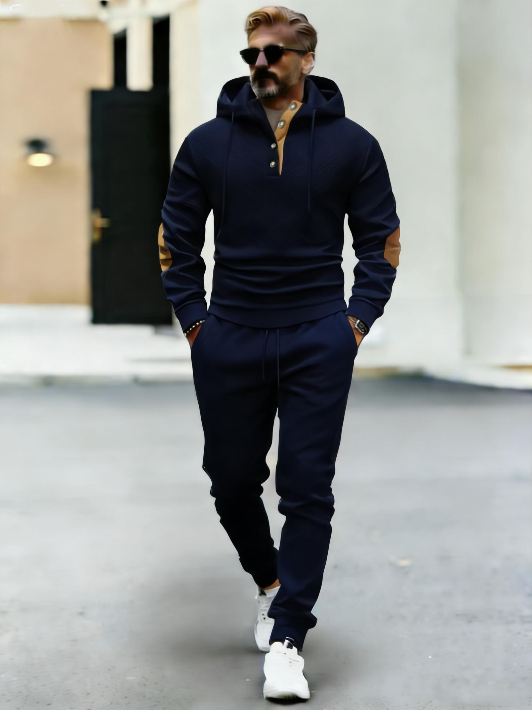 Men's contrasting color hooded sportswear high-quality texture two-piece set