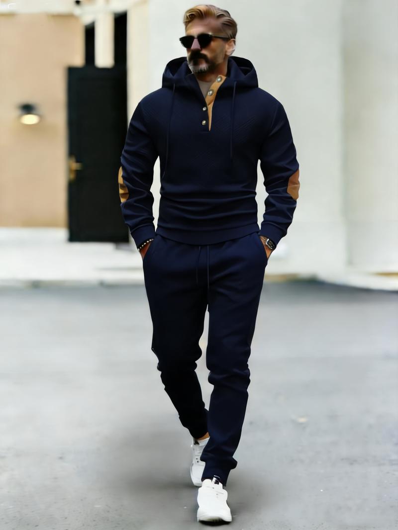 Men's contrasting color hooded sportswear high-quality texture two-piece set