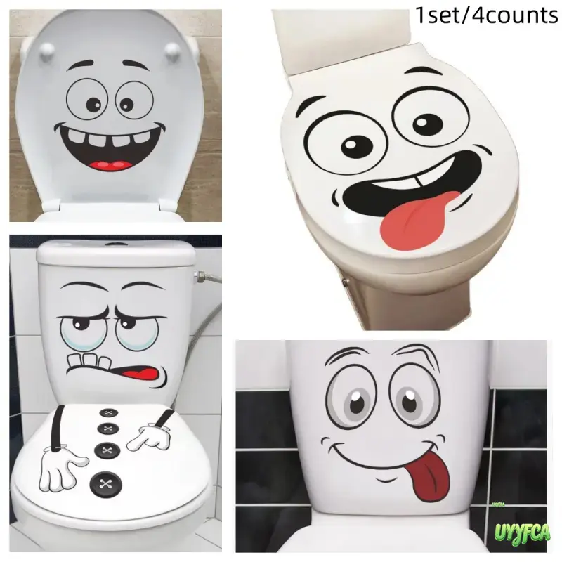 4pcs Funny Face Toilet Stickers Set - Waterproof Self-Adhesive Restroom Accessories, Easily Removable Versatile Decals for Toilet Seat & Trash Can, Home Restroom Decor