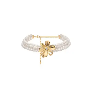 Ettika Pearl Petals Choker 18k Gold Plated Freshwater Pearl Cubic Zirconia 12" with 5" Extender Chain Clasp Closure Elegant Flower Pendant Youth Jewelry