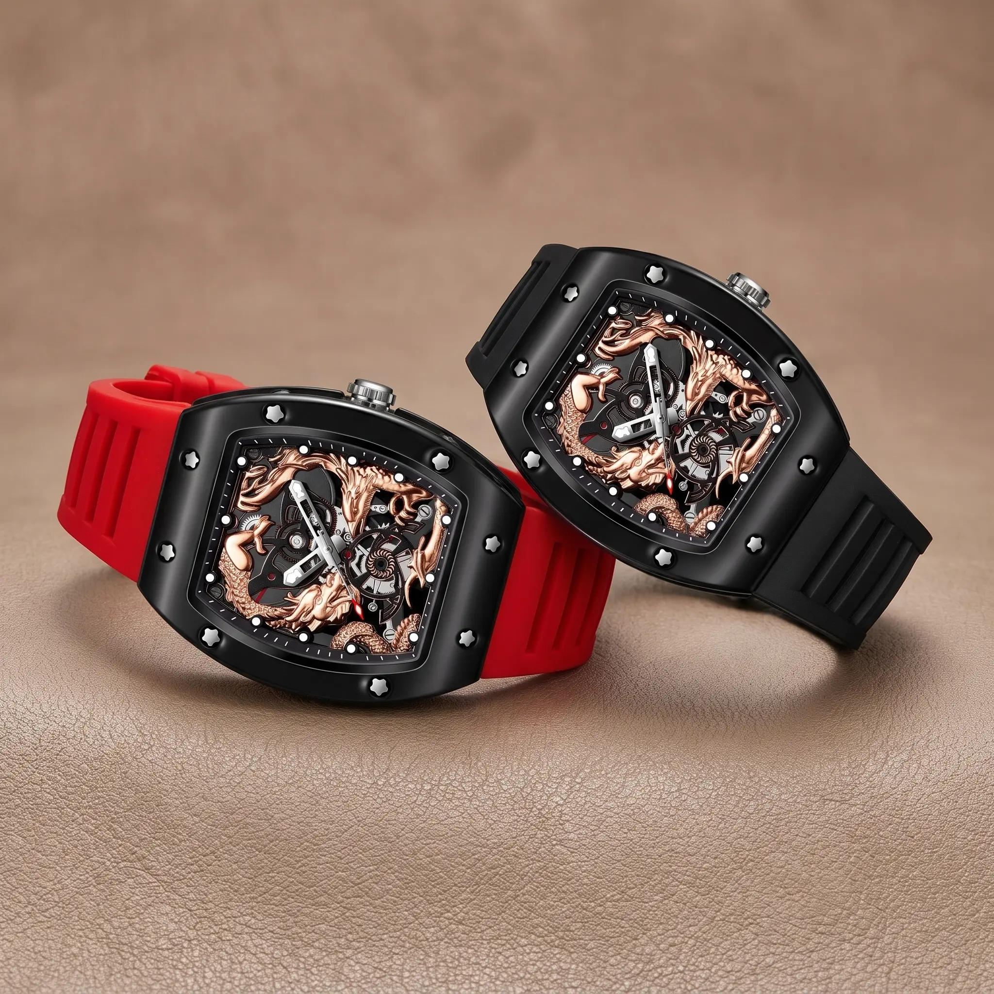Men's Quartz Watch Tonneau Shape Waterproof Luminous Wristwatch with Intricate Dragon Sculpture Dial and Flexible Silicone Strap for Casual Daily Wear