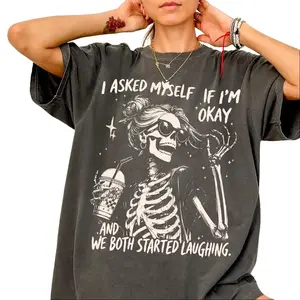 I Asked Myself If I'm Okay Skeleton Women's T-shirt ,Comfort Acid Wash T-Shirt, Gameday Doodle Tee, Trendy Women's Shirt, Game Day Tee, Vintage Style Graphic Design T-Shirt, Vintage Baggy Style Streetwear Tops