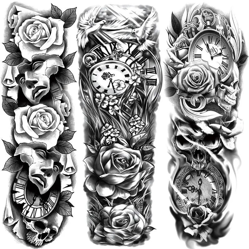 3 Pack Full Arm Temporary Tattoo Stickers, Arm Sleeve Tattoos, Realistic Waterproof Design, Aesthetic Tattoo Merch, Rose, Dove, Skull, Clock Patterns, Party Tattoos, Fake Tattoos for Men and Women