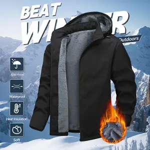 Men's Black Fleece-Lined Hooded Jacket Thickened Thermal Fabric Zipper Closure Windproof Outdoor Cold-Weather Everyday Streetwear Commuter Friendly Trendy Statement Style Menswear Coats Stylish Tops Casual Long Sleeve