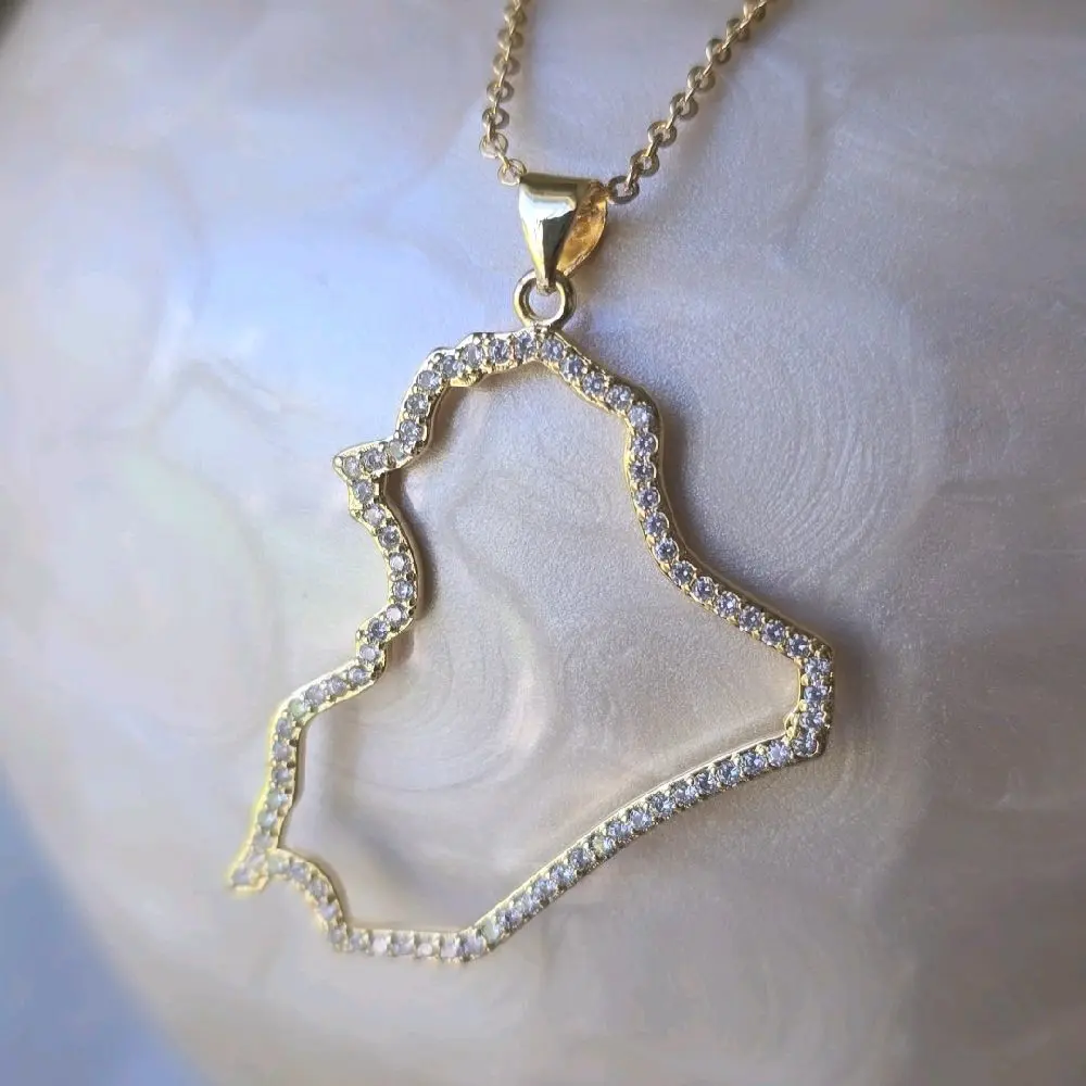 IRAQ Map Necklace - Elegant 21K Gold Plated Luxury CZ, Chain & Map Pendant for Formal Events & Daily Wear - Versatile Jewelry Accessory