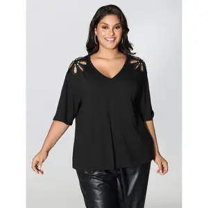 【Summer Turn-Up】BLOOMCHIC Plus Size Cut-Out Shoulder Beads T-Shirt [M-6X] Fit Sleeve 2026 Summer Vibes Swimweek
