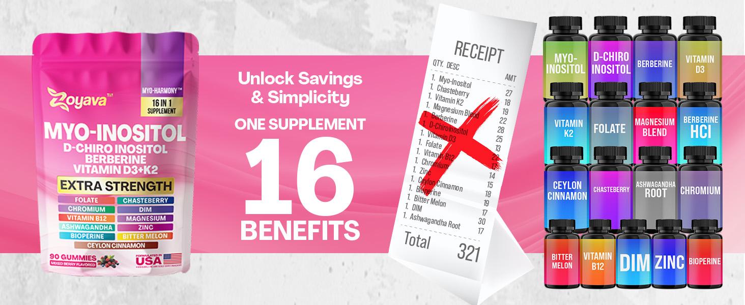 Zoyava Myo-Inositol Gummies - Women's Hormones & Cycle Support Dietary Supplement - with D-Chiro Inositol, Berberine & More - 90 Edible Gummies - (Mixed Berry Flavored) Zoyava Myo-Inositol Gummies - Women's Hormones & Cycle Support Dietary Supplement - with D-Chiro Inositol, Berberine & More - 90 Edible Gummies - (Mixed Berry Flavored)