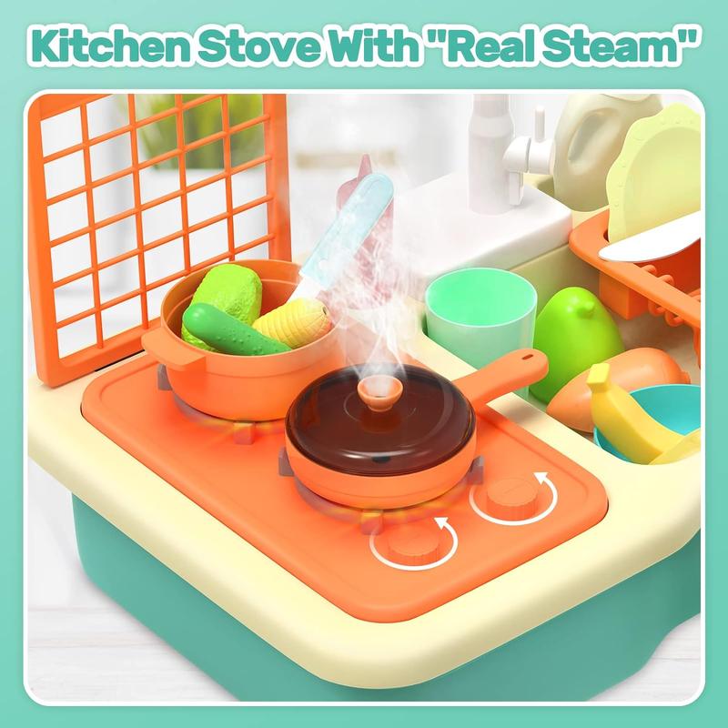 CUTE STONE Play Sink with Running Water, Kitchen Sink with Upgraded Electric Faucet, Play Kitchen , Realistic play set learning cookingset Plastic Toy