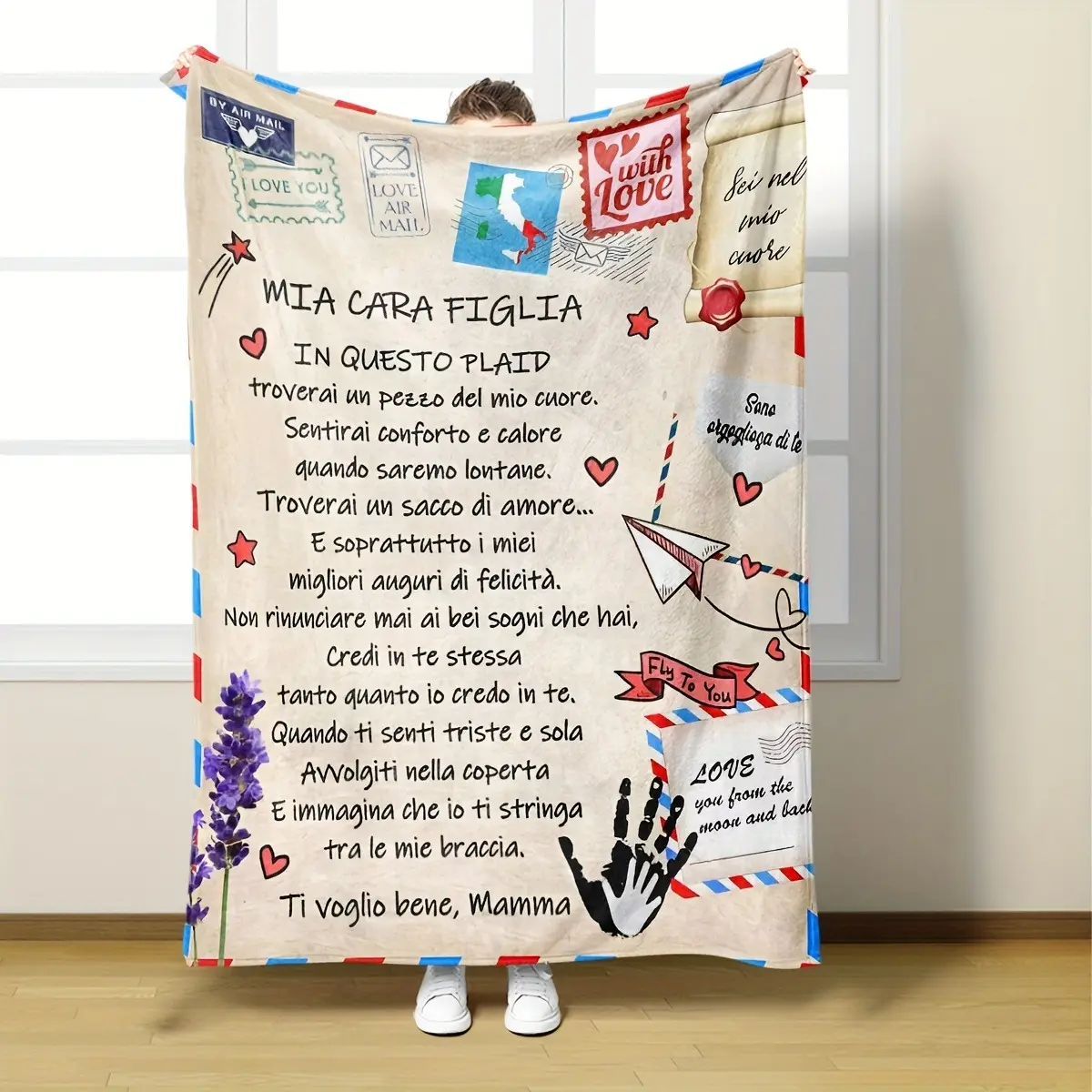 Italian Mia Cara Figlia Mom-To-Daughter Customized Flannel Blanket - Soft Fluffy, Sentimental Air Mail Love Letter Gift for Birthday, Graduation - Warm Home Decor Throw, Soft Fluffy Blanket, Printed Flannel Blanket