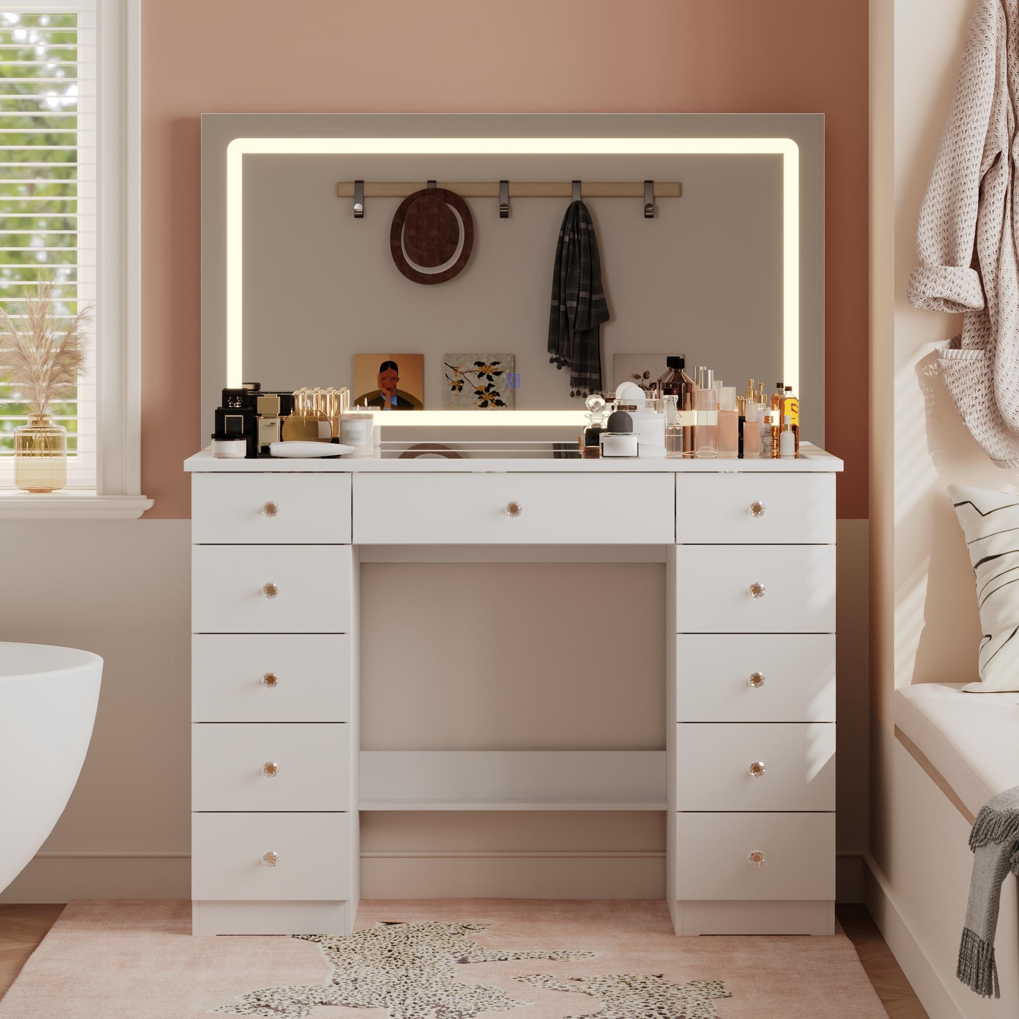 FUFU&GAGA Crystal Handle Makeup Vanity Glass Tabletop with Large Lighted Mirror, with 11 Drawers, Touch Control 3 Color Modes & Adjustable Brightness LED Strip Dressing Table