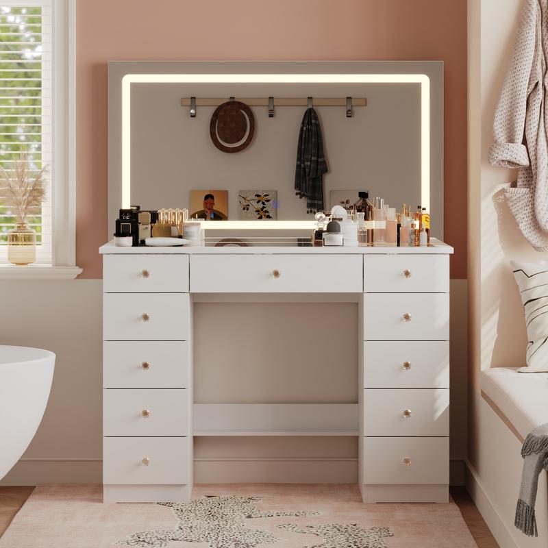 FUFU&GAGA Crystal Handle Makeup Vanity Glass Tabletop with Large Lighted Mirror, with 11 Drawers, Touch Control 3 Color Modes & Adjustable Brightness LED Strip Dressing Table