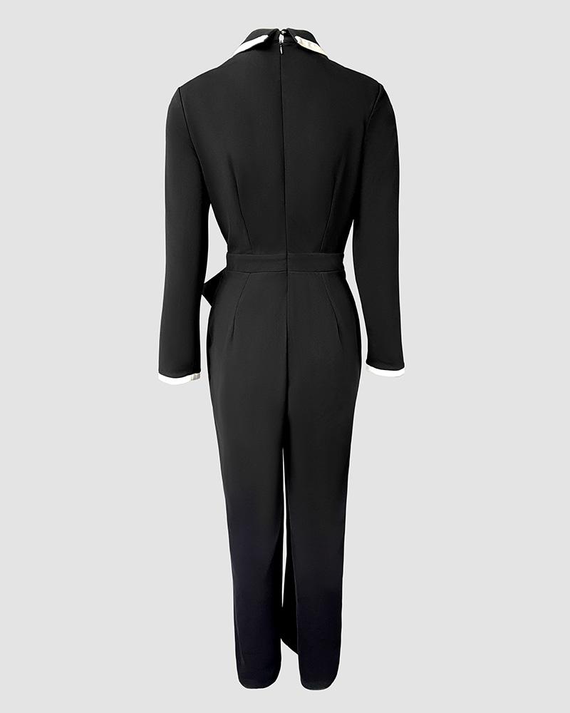 2026 Spring ChicMe Women's Contrast Paneled Notched Collar Padded shoulders Work Jumpsuit Casual Wrap Front Jumpsuit 2026 Spring ChicMe Women's Contrast Paneled Notched Collar Padded shoulders Work Jumpsuit Casual Wrap Front Jumpsuit