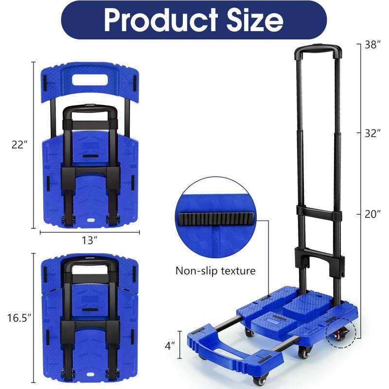 Folding Hand Truck 500lbs, Portable Heavy Duty Dolly Cart, 6 Wheels Collapsible Luggage Cart with 2 Elastic Ropes - Compact Trolley Cart for Easy Moving - Ideal Hand Cart for Travel and More