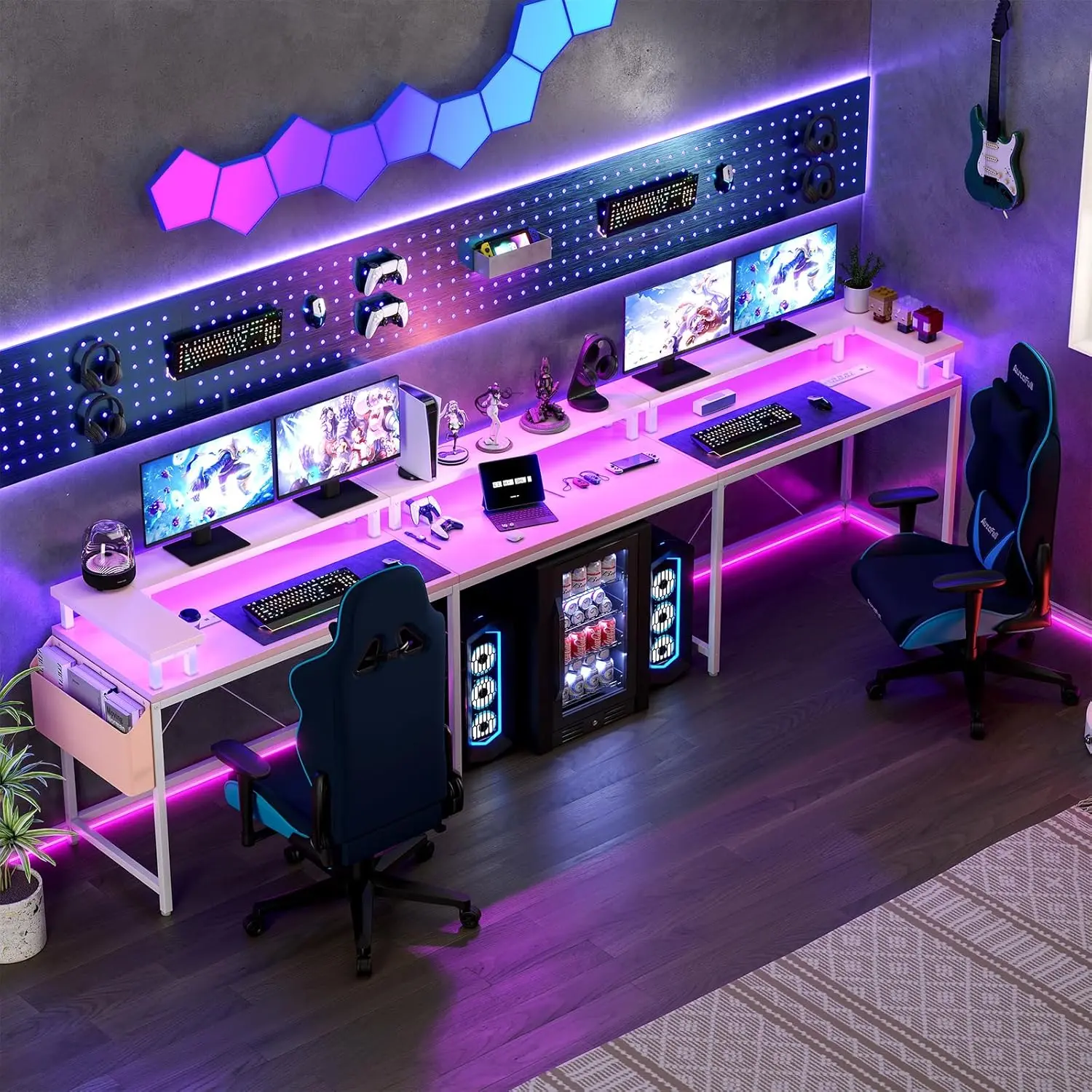 78-Inch Sturdy Ergonomic Computer Desk & Adjustable Ergonomic Chair Set - Durable Metal Legs, Engineered Wood, Reversible Design, Power/USB Ports, RGB Lighting, Elevated Dual Monitor Stand, Ample Storage, 600 lbs Capacity (Gaming/Work Use), Ergonomic Comp