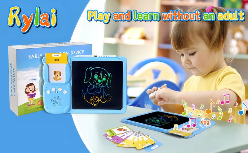 KIDGENIUS 3-in-1 LCD Writing Tablet with Quick Erase Button & 510 Vocabulary Flash Cards for English & Spanish Learning - Ideal Autism Therapy & Holiday Gift