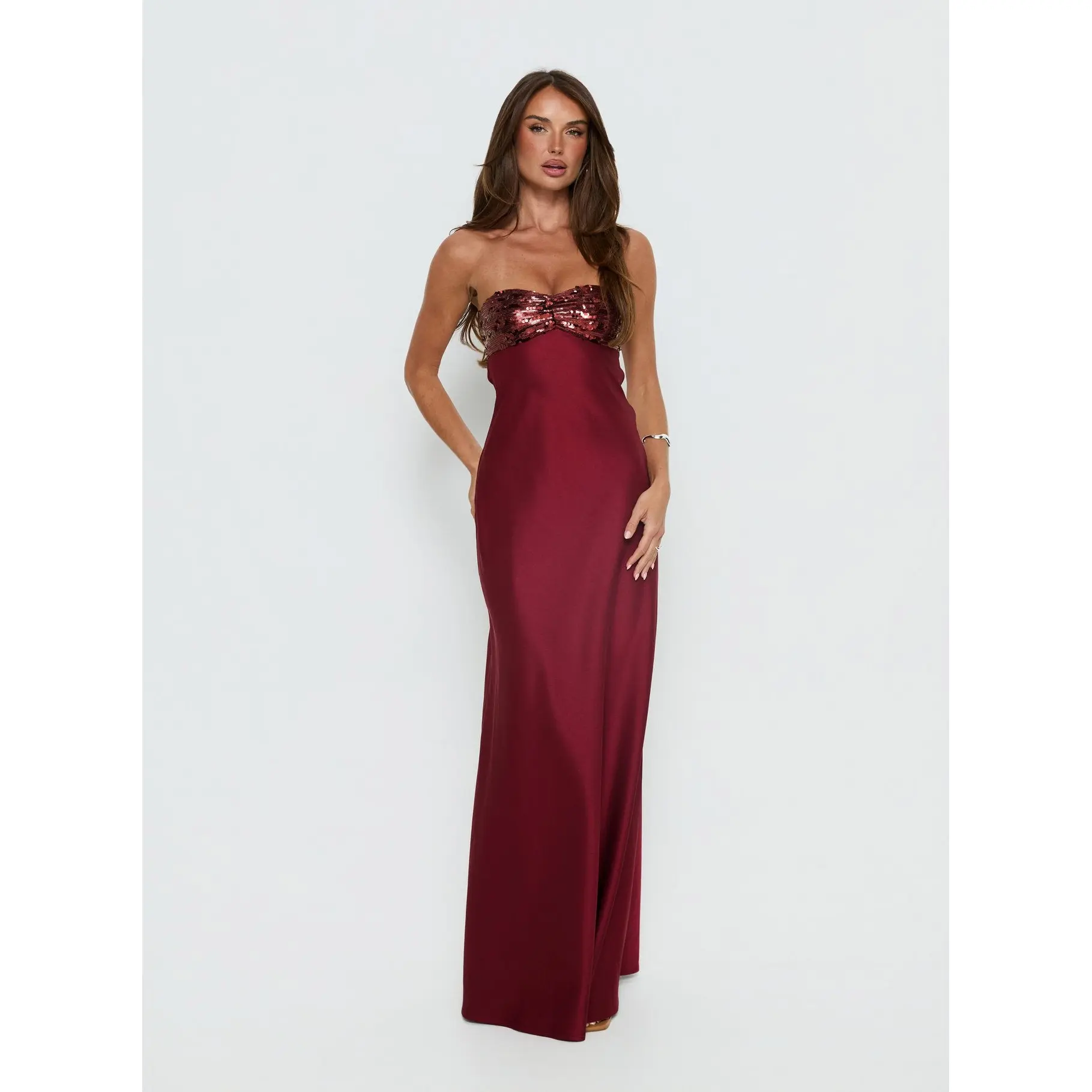 See The Vision Sequin Bust Strapless Maxi Dress Burgundy - TikTok Shop