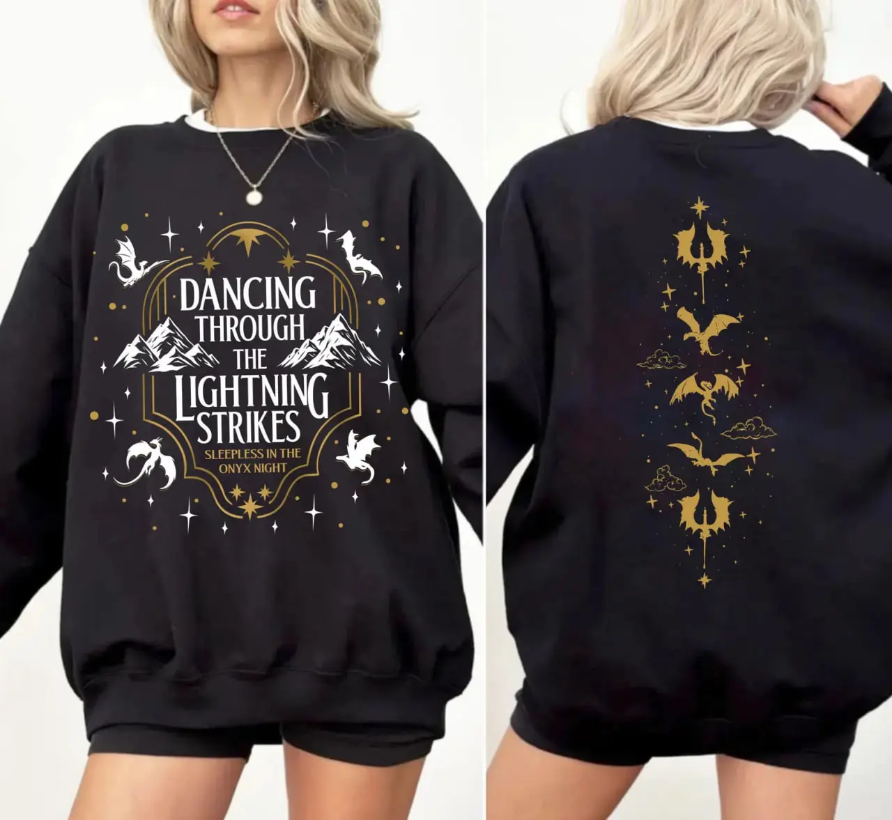 Onyx Storm Dancing Through The Lightning Strikes Tee, Fourth Wing Dragon Sweatshirt, Sleepless In The Onyx Night T-Shirt, Bookish Gift