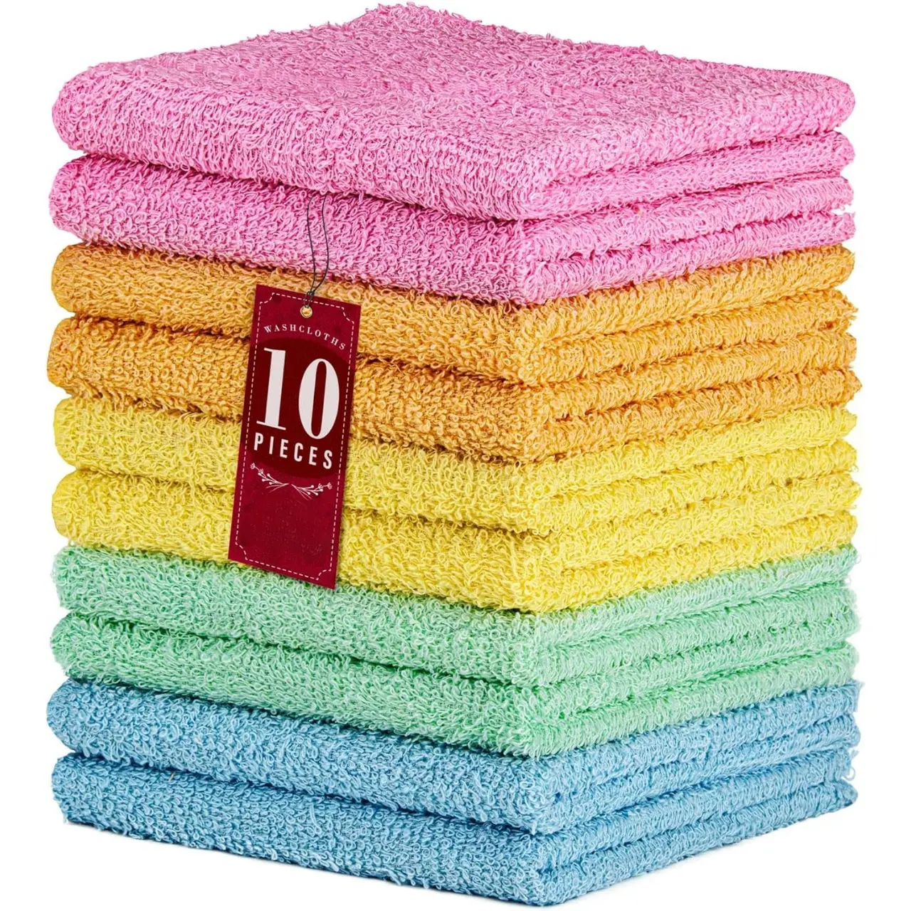 10-Piece Set Hand Towels, Cotton Washcloths for Cleaning, 12x12 in Soft Absorbent Towel, Machine-Washable Stacked Pack with Assorted Colors, Assorted Mixed Hand Towels