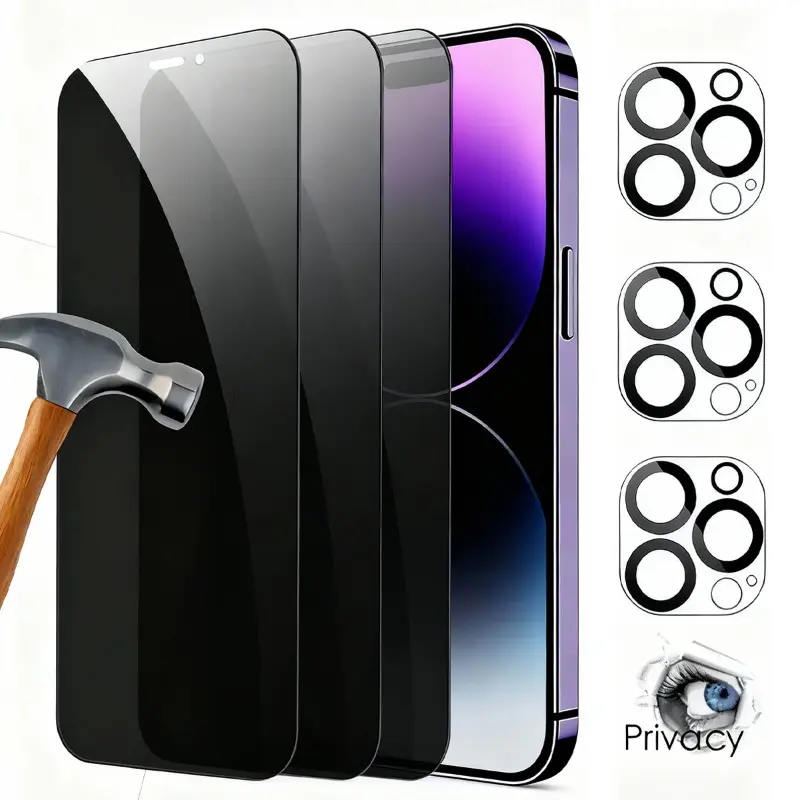 Aftermarket Phone Screen Protectors for iPhone 17/16/15/14/13/12/11 Pro Max, 2-Piece Set with 2 Camera Lens Protectors, 9H Hardness Anti-Peeping Tempered Glass, Scratch-Resistant, Shell-Friendly, Smartphone, Handheld