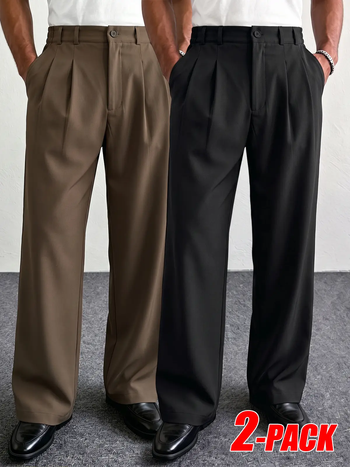 2-PACK Men Half Elastic Waist Double Pleated Straight Long Suit Pants, Wrinkle Resist Breathable All Season Fabric, Classic Old Money Style Look, Fashionable Office Daily Business Casual Long Pants Multi Pack