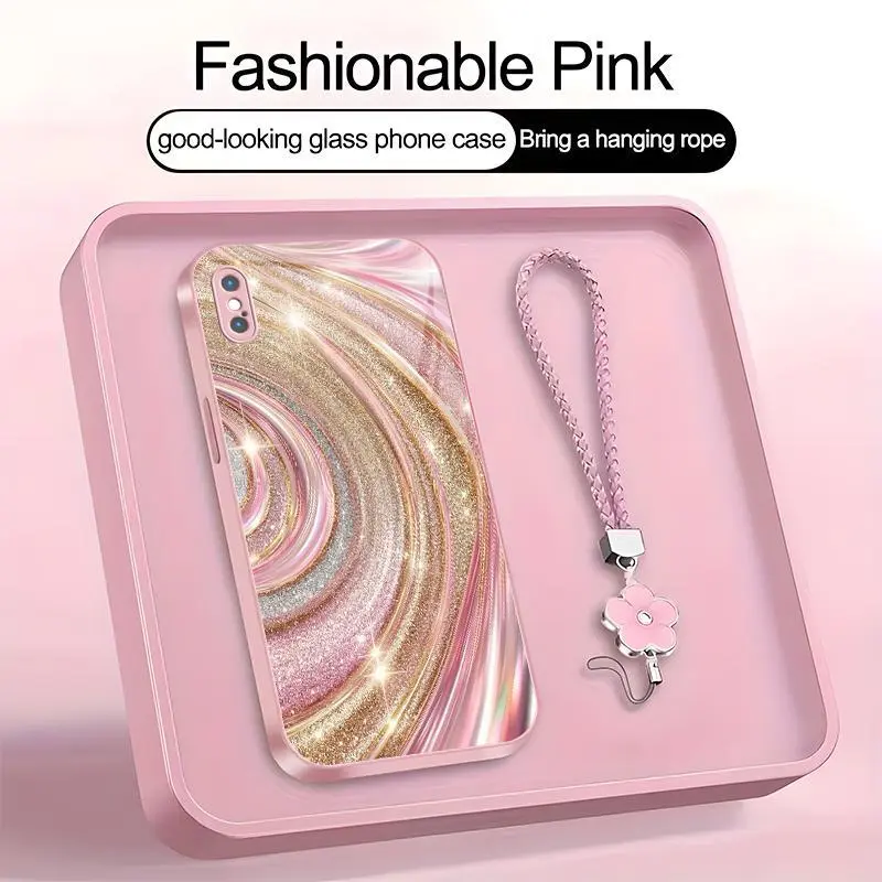 Luxury Rose Gold Swirl Smartphone Casing - Glitter Pink Art Aesthetic Cellphone Case with Flower Lanyard, Mobile Phone Accessories for iPhone XS Max-975