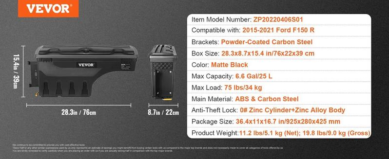 VEVOR Truck Bed Storage Box, TikTokShopBlackFriday, Lockable Swing Case with Password Padlock, 6.6 Gal/25 L ABS Wheel Well Tool Box, Waterproof and Durable, Compatible with Ford F-150 2015-2021, Drivers Side