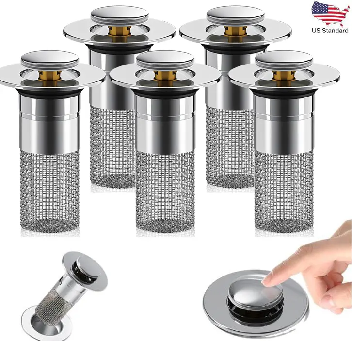 Stainless Steel Pop-Up Sink Stoppers with Brass Core, Built-In Filter Basket, Easy-to-Clean Design, Universal Size Multi-Pack for Bathroom Bathtubs, Multiple Packs