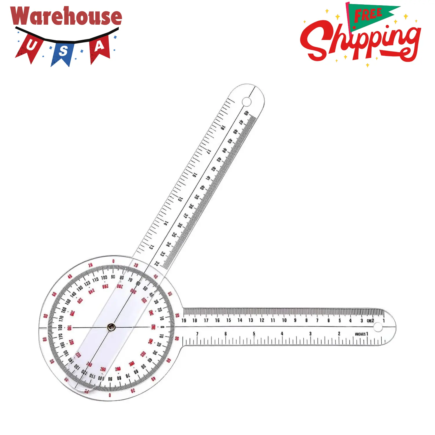 12 inch, Transparent Orthopedic Angle Ruler Plastic Goniometer, 360 Degree Clear