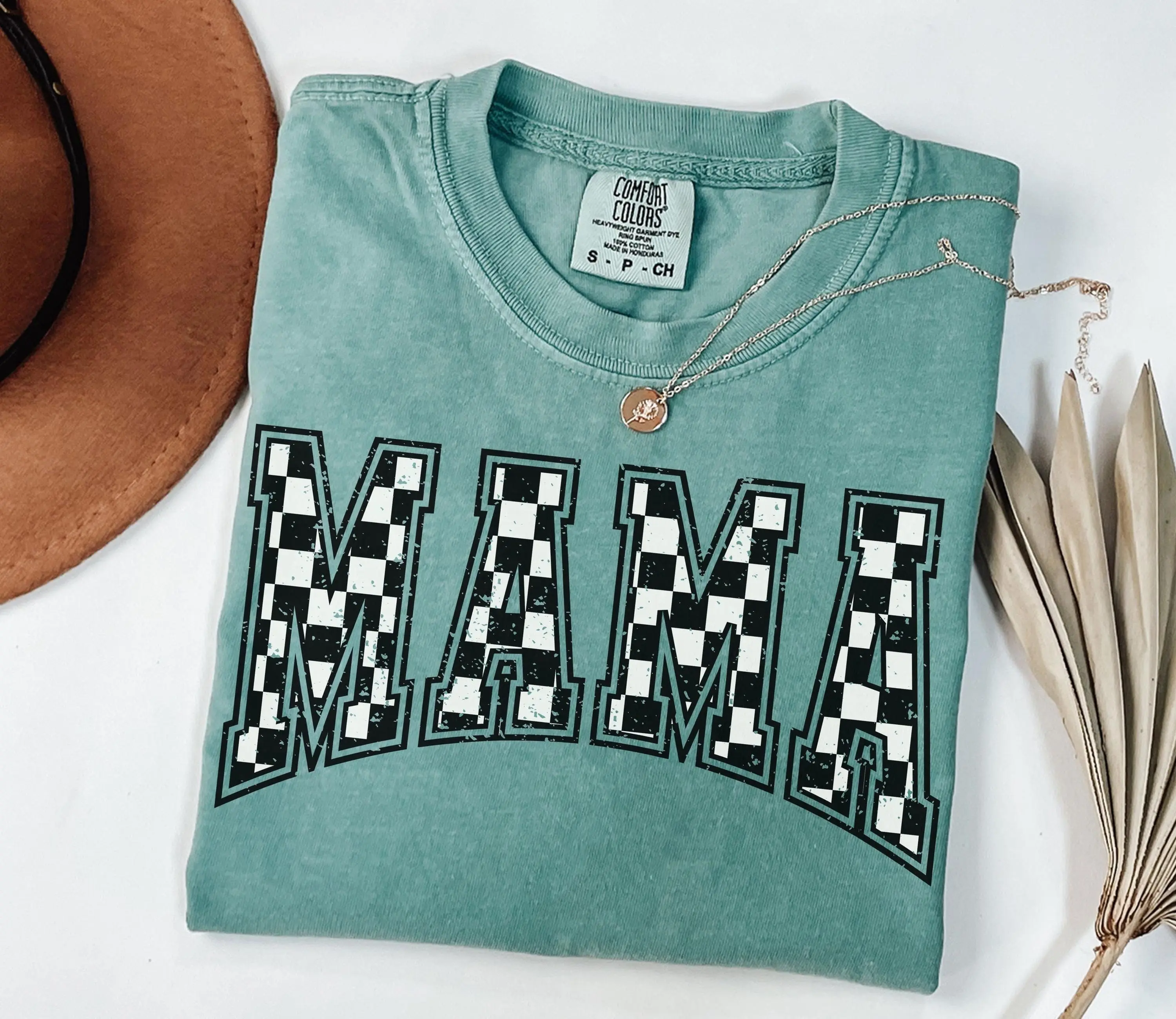 Comfort Colors Checkered Mama Shirt Gift for Mom, Retro Mom Tee, Mother's Day Gift, Vintage Checkered Mama T-Shirt, Varsity Mom Shirt Fitted Oversized
